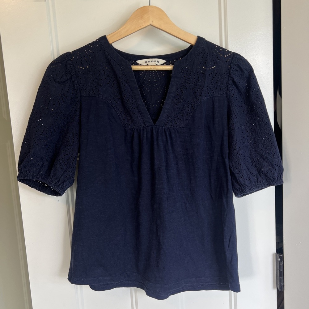 Boden Detail Short Sleeve Shirt Top Navy Blue T-Shirt Womens Size 6 Puff Sleeve